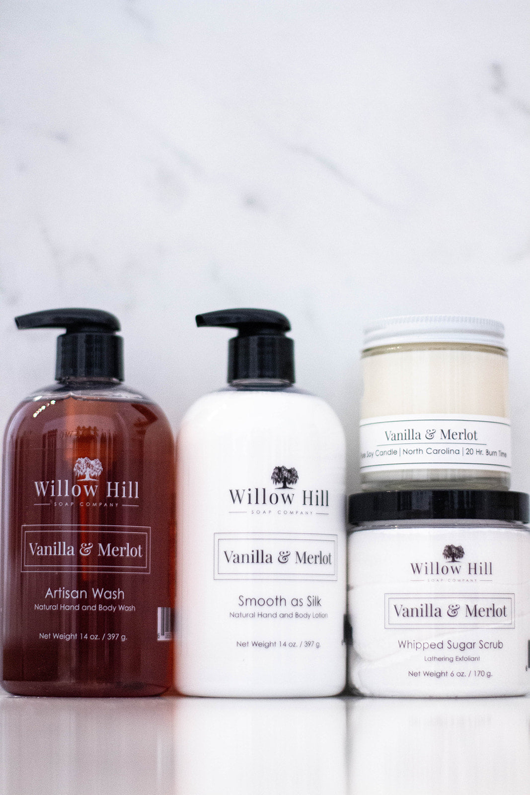 Willow Hill Soap Company Vanilla and Merlot gift set including hand and body wash, lotion, candle, and sugar scrub