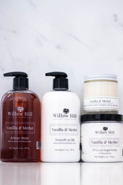 Willow Hill Soap Company Vanilla and Merlot gift set including hand and body wash, lotion, candle, and sugar scrub