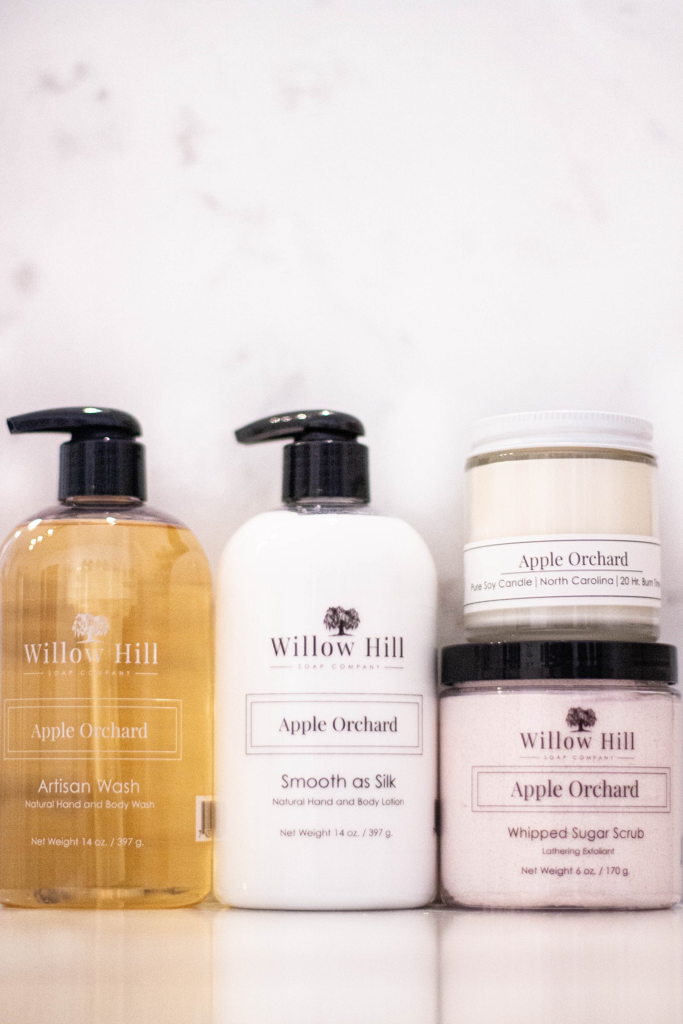 Willow Hill Soap Company Apple Orchard gift set with Artisan Wash, lotion, whipped sugar scrub, and 4 oz candle. 