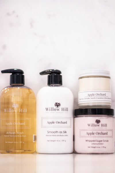 Willow Hill Soap Company Apple Orchard gift set with Artisan Wash, lotion, whipped sugar scrub, and 4 oz candle. 